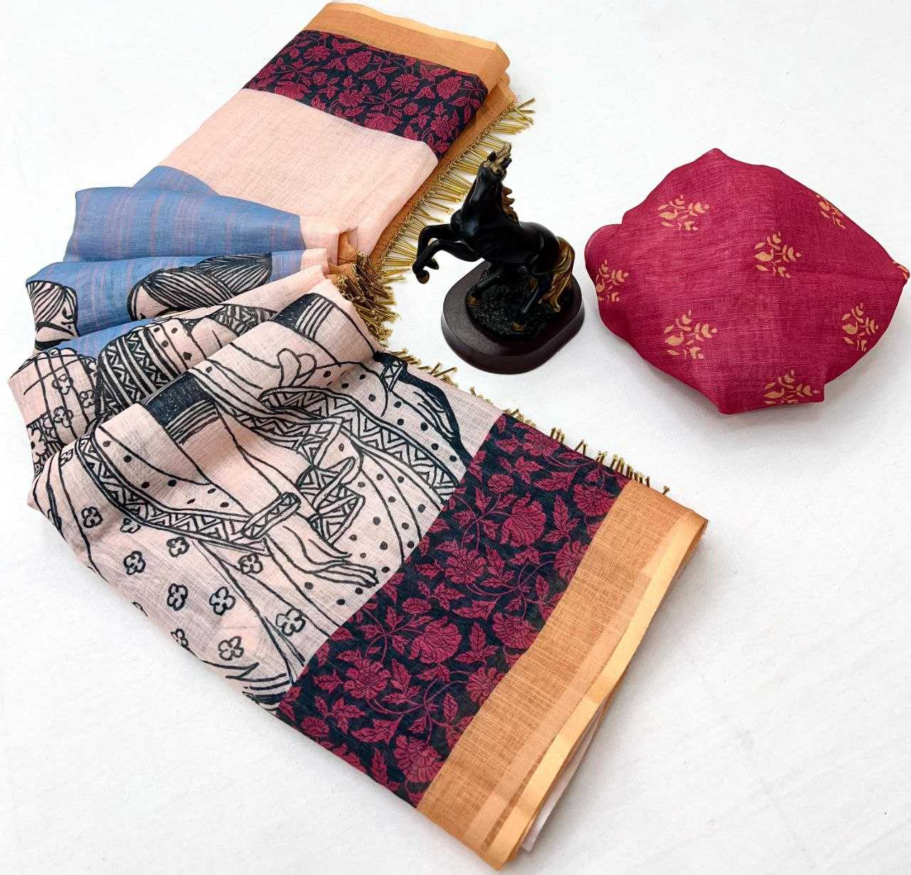 Linen  Printed Sarees  With Blouse