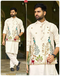 Malay Satin Silk Nehru Jacket Embroidered Kurta Pajama - MYLUXURY LANE ENTERPRISE