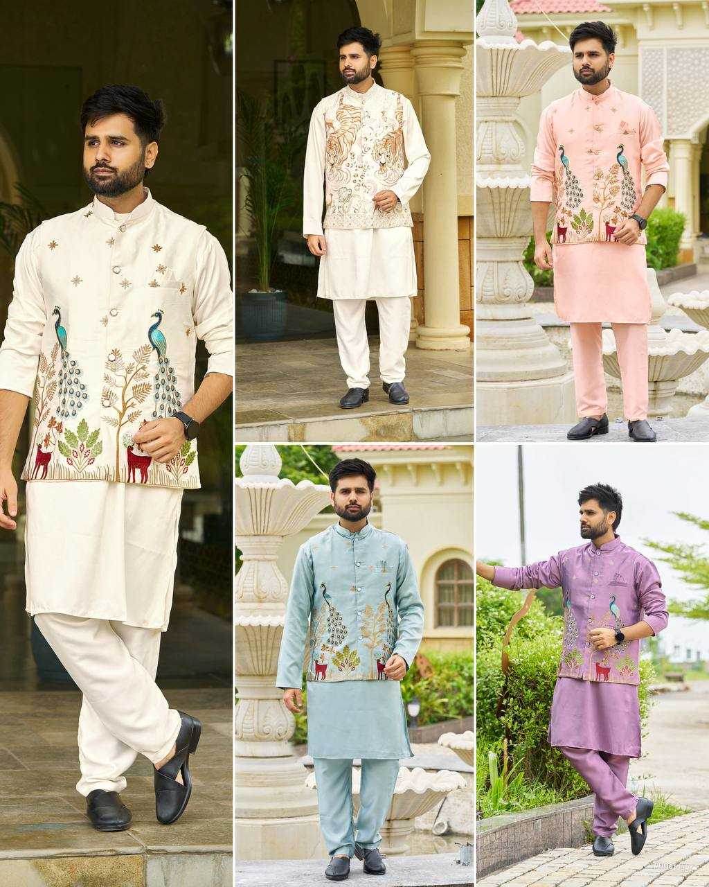 Malay Satin Silk Nehru Jacket Embroidered Kurta Pajama - MYLUXURY LANE ENTERPRISE