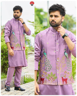 Malay Satin Silk Nehru Jacket Embroidered Kurta Pajama - MYLUXURY LANE ENTERPRISE