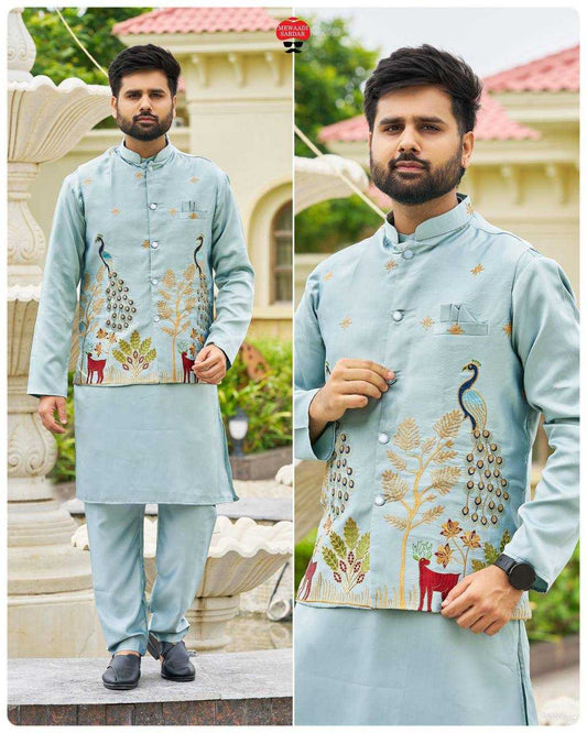 Malay Satin Silk  Nehru Jacket Embroidered Kurta Pajama