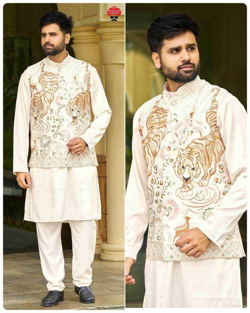 Malay Satin Silk Nehru Jacket Embroidered Kurta Pajama - MYLUXURY LANE ENTERPRISE