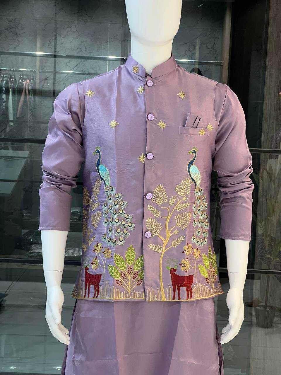 Malay Satin Silk Nehru Jacket Embroidered Kurta Pajama - MYLUXURY LANE ENTERPRISE