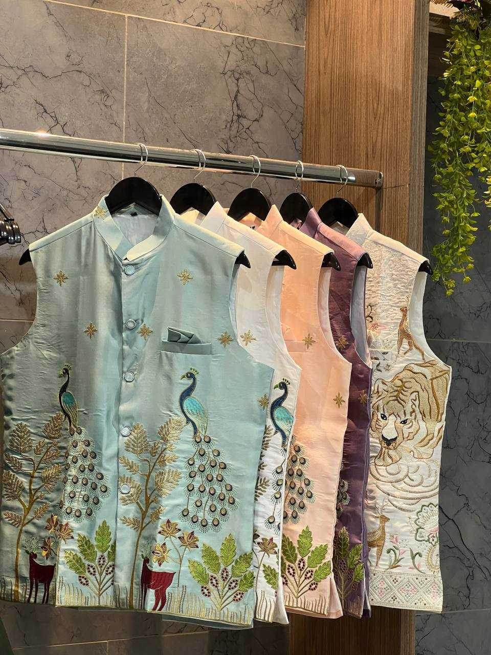 Malay Satin Silk Nehru Jacket Embroidered Kurta Pajama - MYLUXURY LANE ENTERPRISE