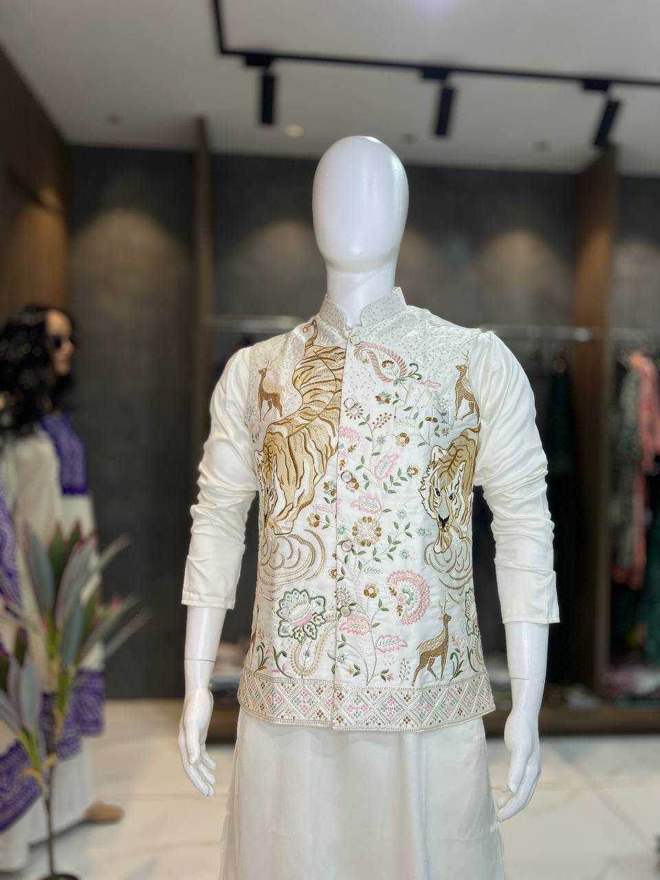 Malay Satin Silk Nehru Jacket Embroidered Kurta Pajama - MYLUXURY LANE ENTERPRISE
