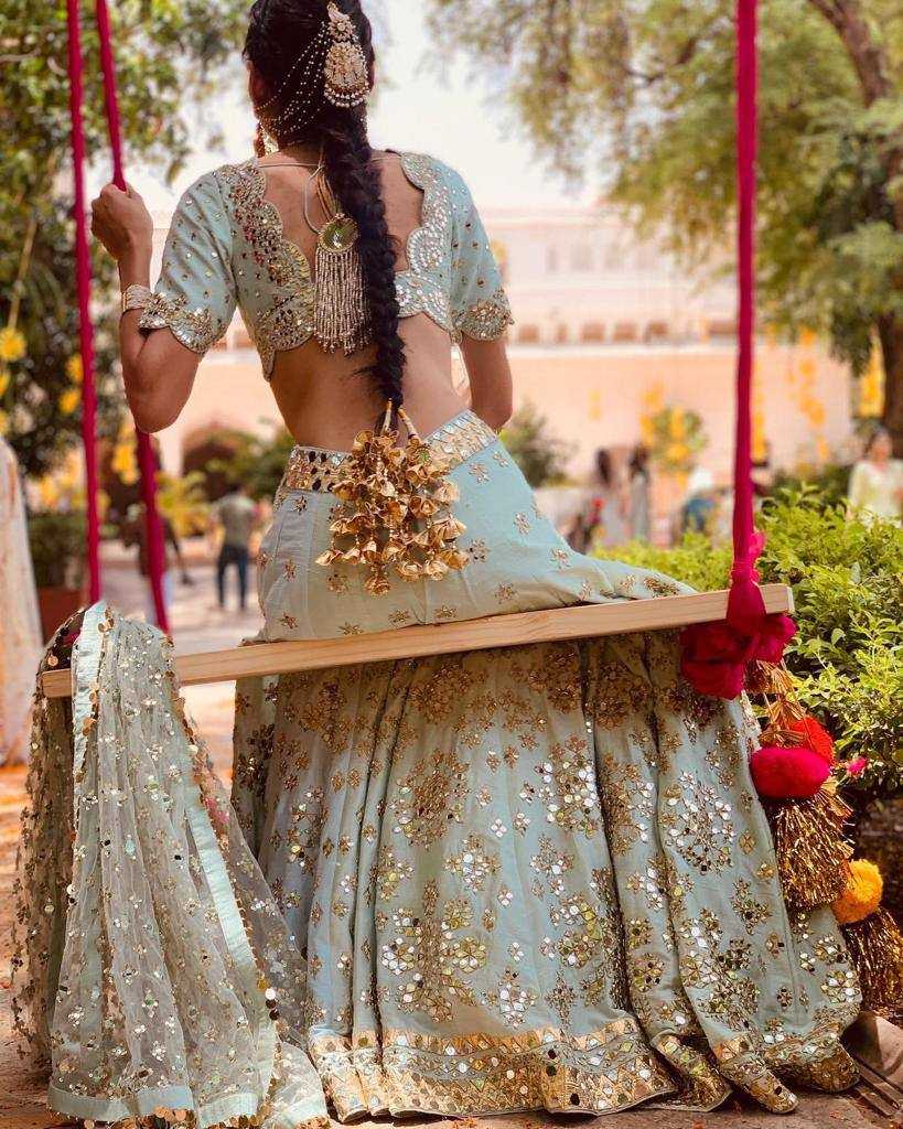 Mulberry Mirror Zari Work Lehenga for Festive Occasions