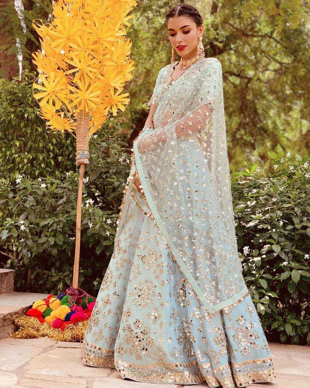 Mulberry Mirror Zari Work Lehenga for Festive Occasions