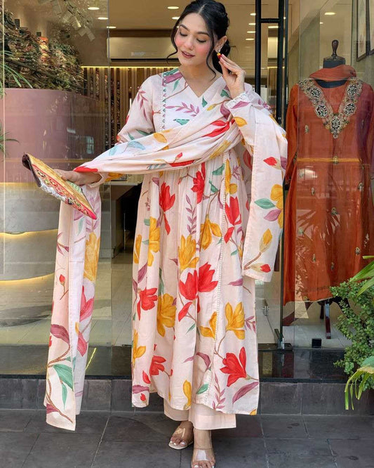 Muslin  Embroidery Palazzo Anarkali Suit