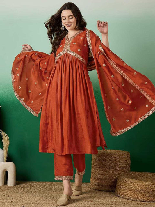 Muslin Silk  Embroidery Gowns Anarkali Long Gowns