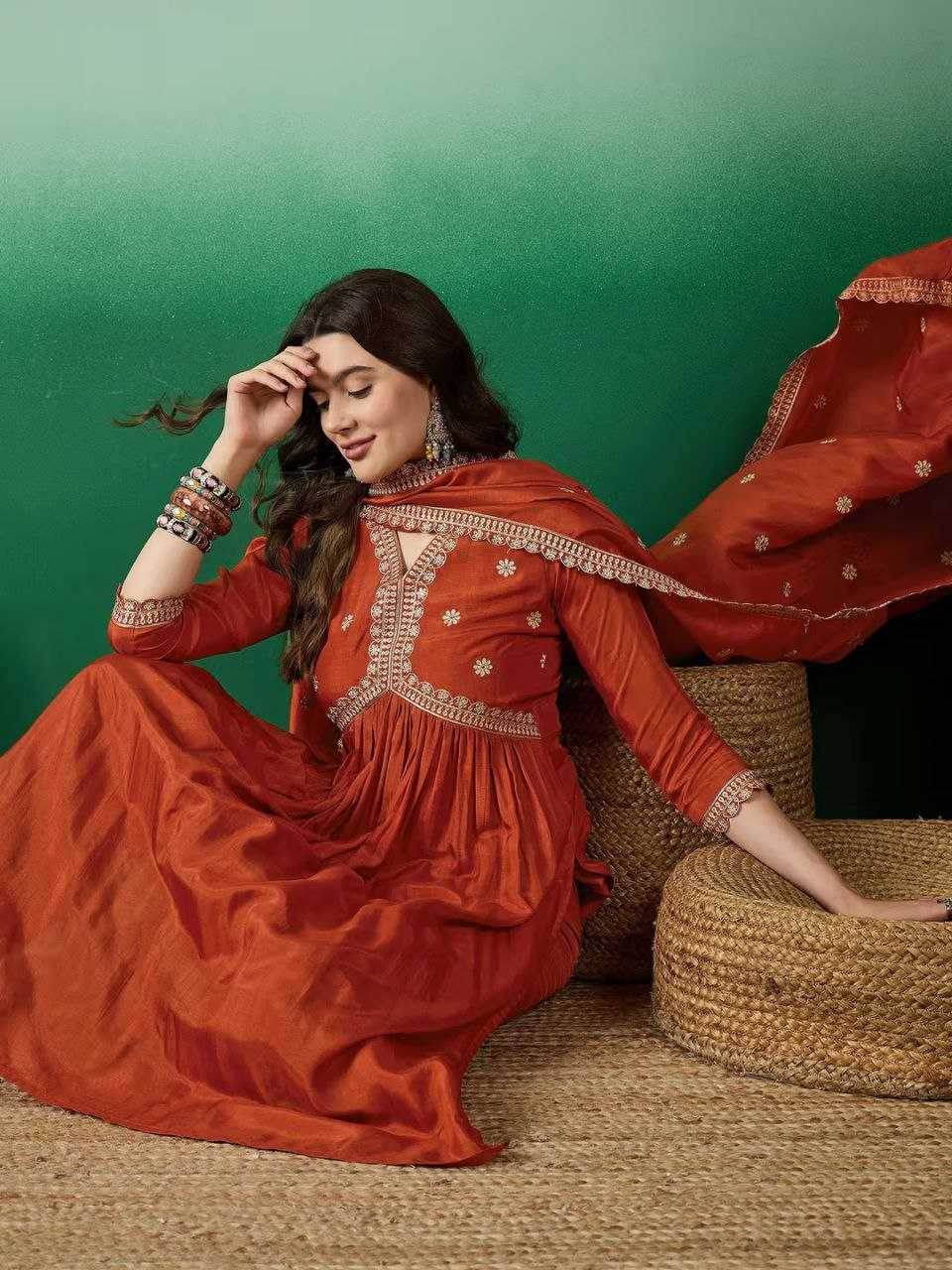 Muslin Silk Embroidery Gowns Anarkali Long Gowns - MYLUXURY LANE ENTERPRISE