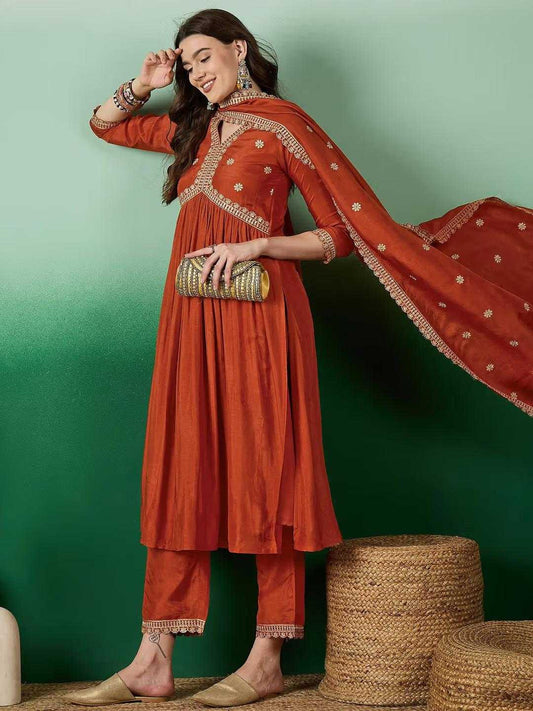 Muslin Silk  Embroidery Palazzo Silk Suit