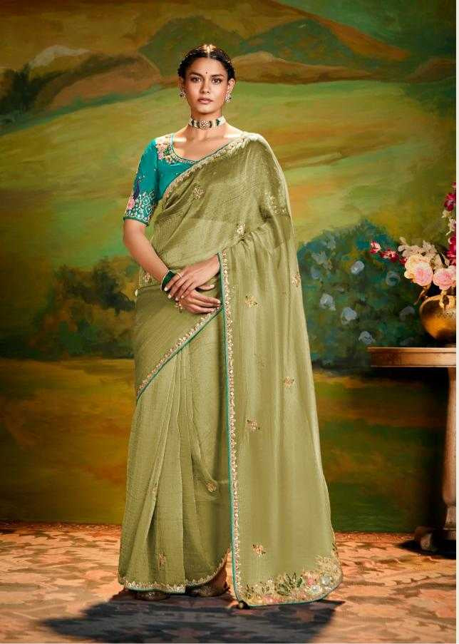 Woman wearing a green saree with a matching blouse, standing in front of a scenic background.
