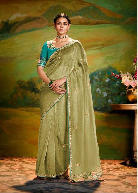 Woman wearing a green saree with a matching blouse, standing in front of a scenic background.