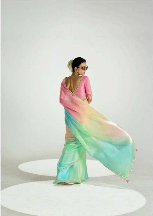 Woman wearing a colorful saree with a visible brand name on a white background