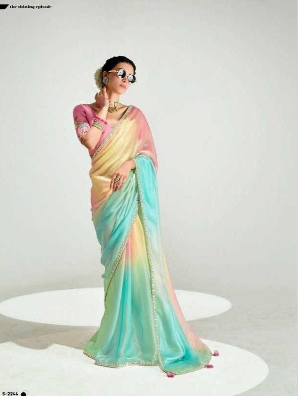 Woman wearing a colorful saree with a plain background
