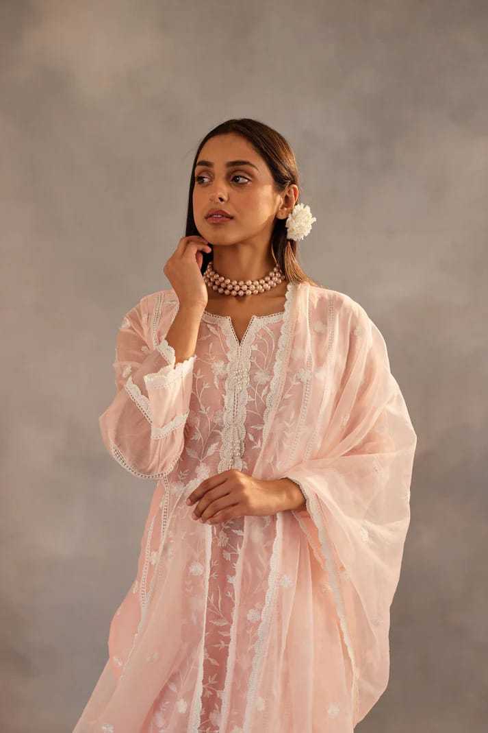 Organza  Bottom With Dupatta Embroidery  3/4 Sleeve Kurti