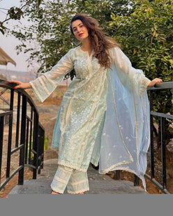 Organza Bottom With Dupatta Embroidery 3/4 Sleeve Kurti - MYLUXURY LANE ENTERPRISE