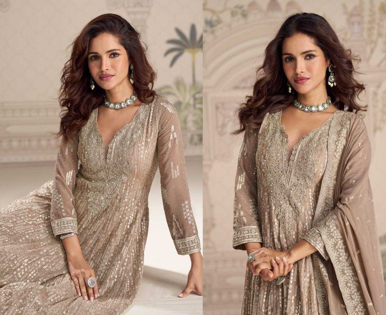 Woman wearing aSayuri dress with a neutral background