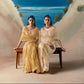 Two women in traditional attire sitting on a bench with a scenic background, featuring the brand 'Kimora Premium Chandani'.