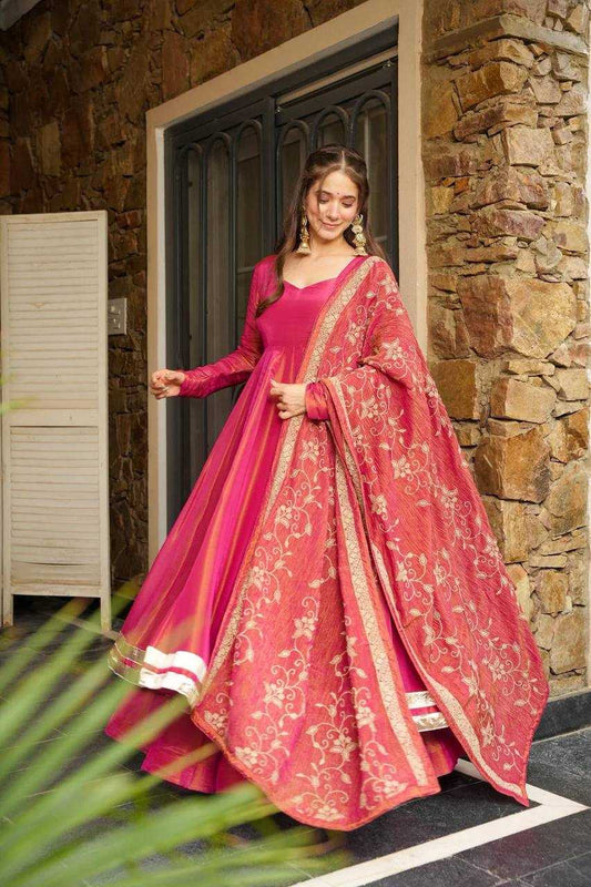 Pure Silk  Full Sleeve Gown With Dupatta