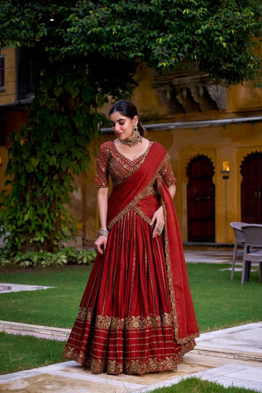 Rangoli Silk  Embroidered Maroon Lehenga