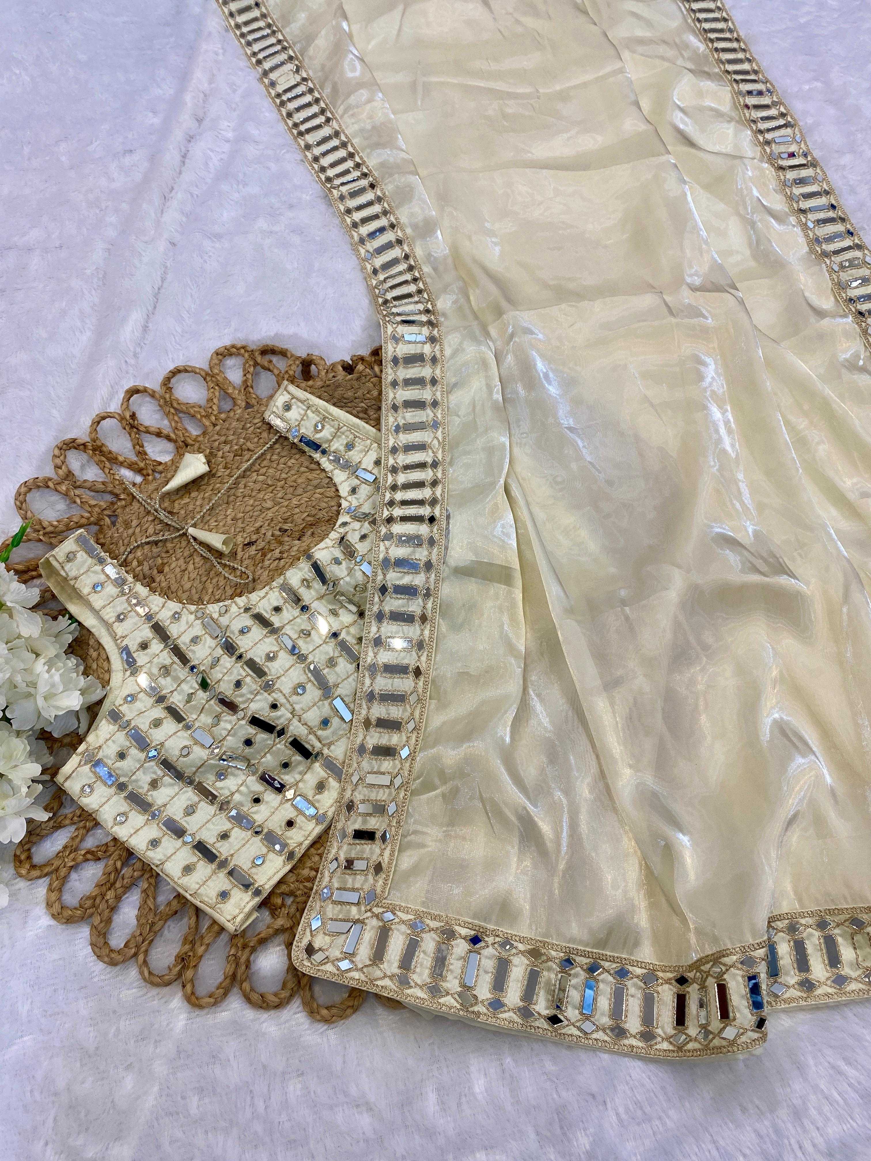 Satin Mirror Work Saree