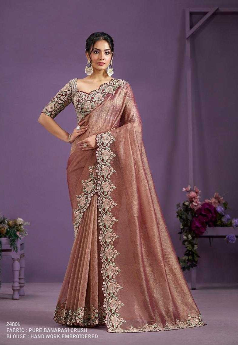 Woman wearing a traditional saree with intricate embroidery against a purple background