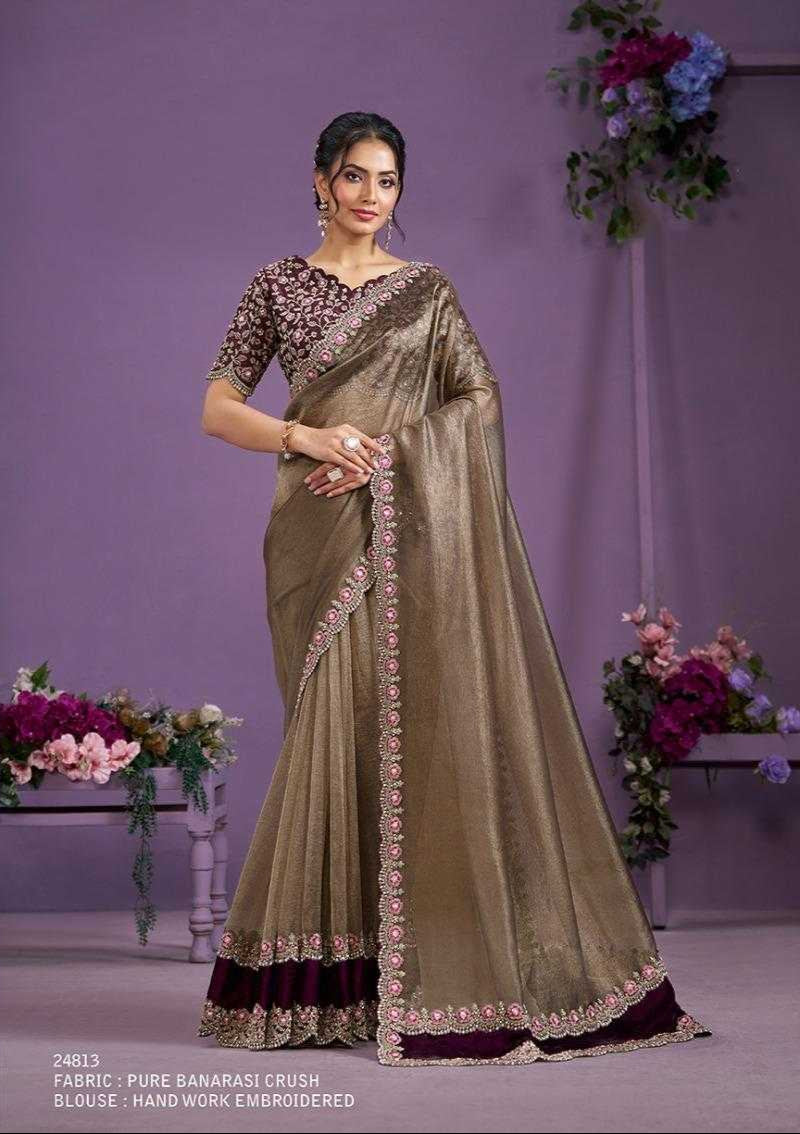 Woman wearing a traditional saree with intricate designs against a purple background