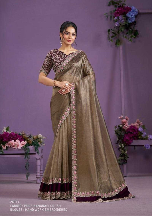 Woman wearing a traditional saree with intricate designs against a purple background