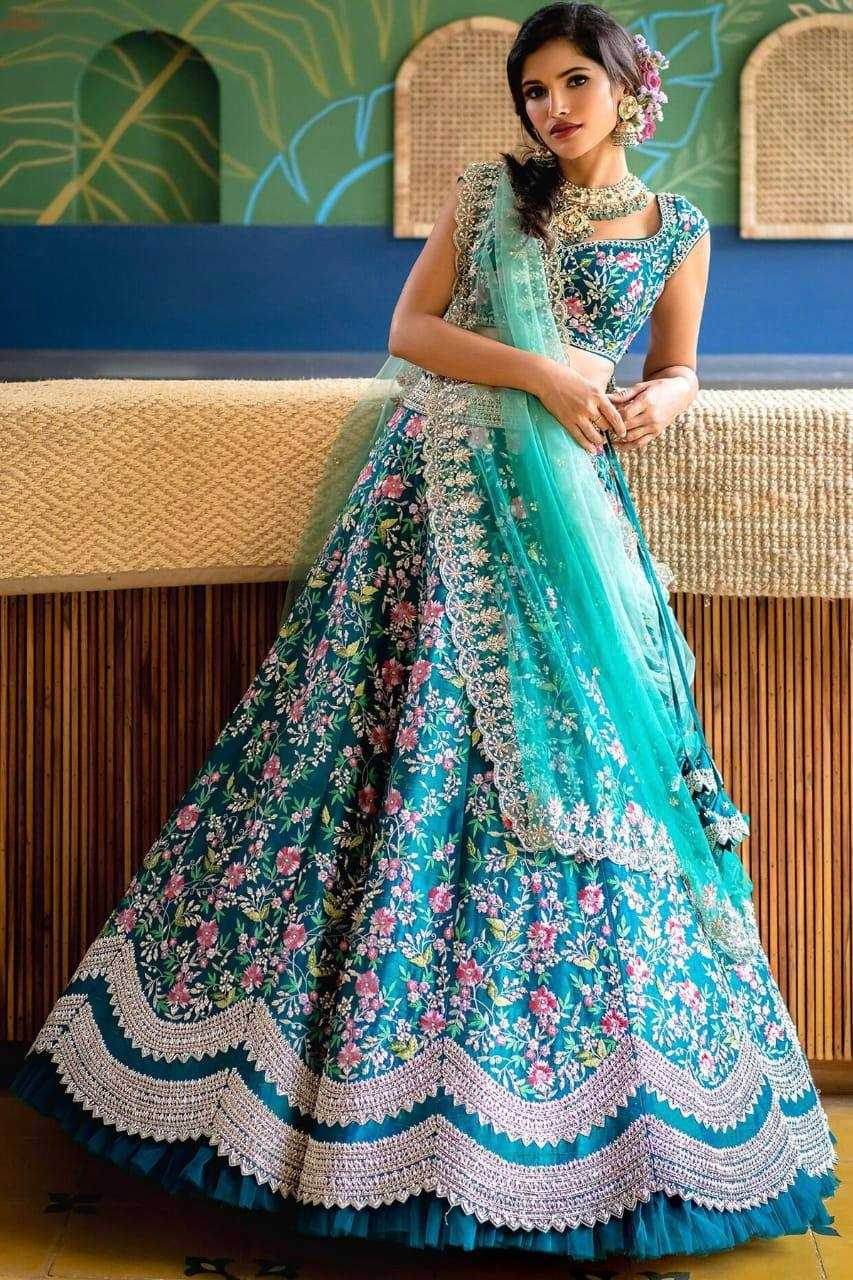 Satin Silk Embroidered Blue Lehenga - MYLUXURY LANE ENTERPRISE