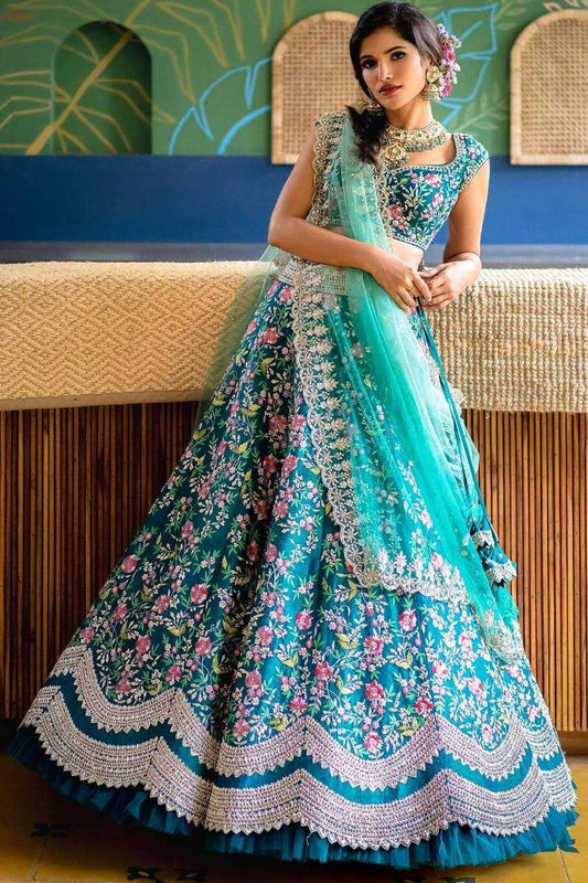 Satin Silk  Embroidered Blue Lehenga