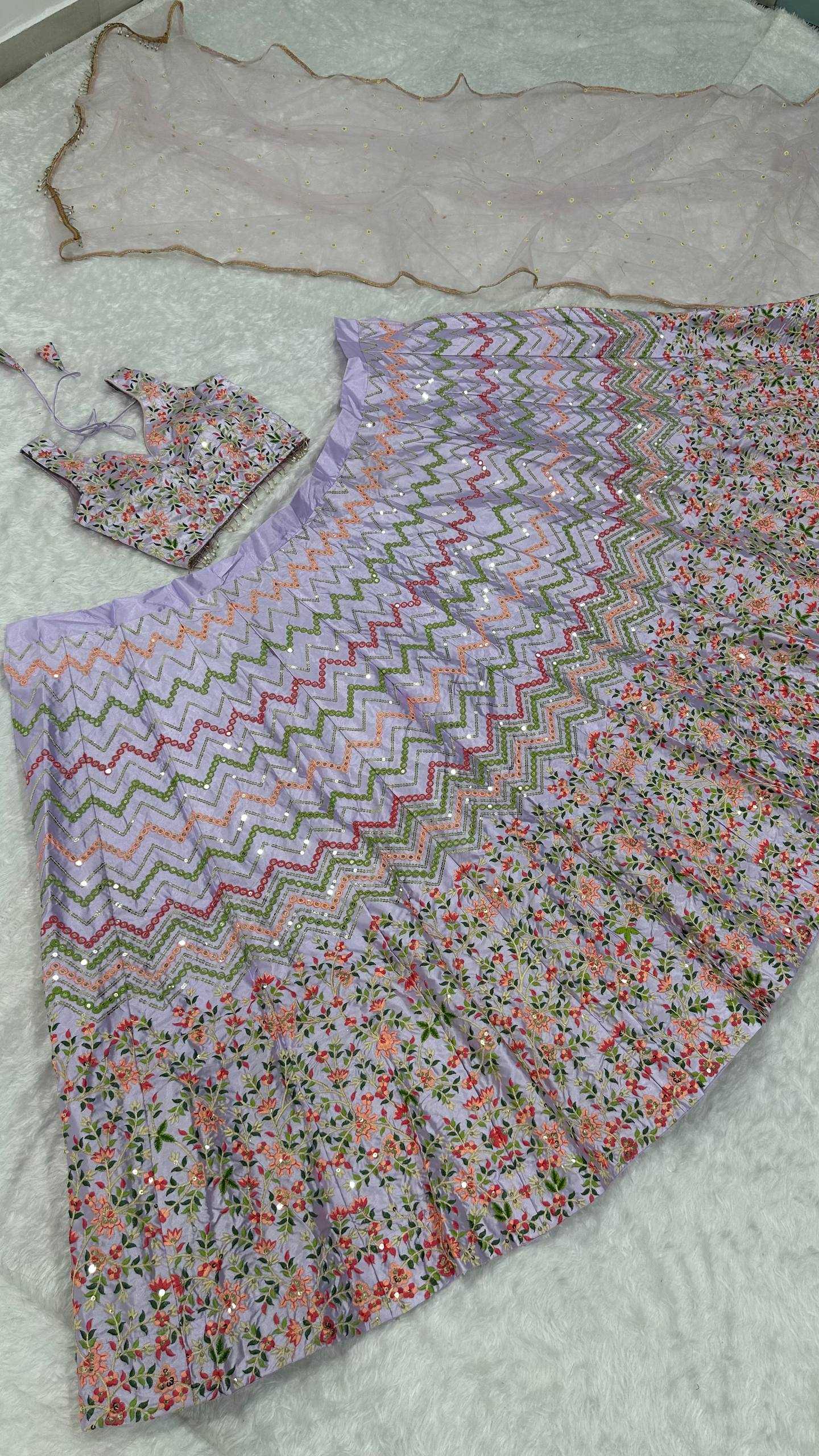 Satin Silk  Thread Work Sequins Lehenga