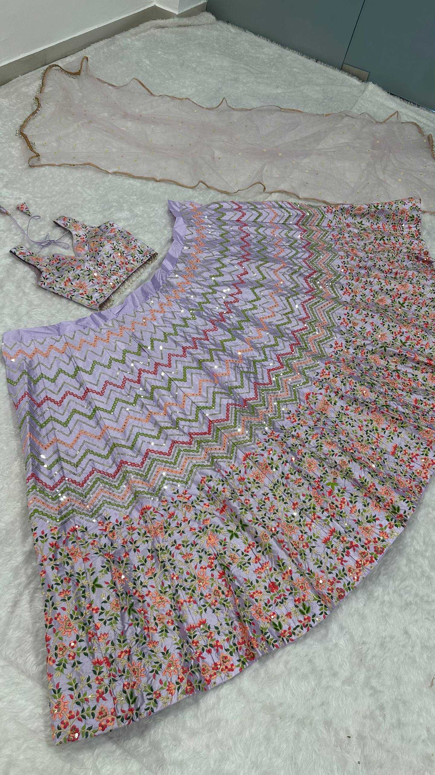 Satin Silk  Thread Work Sequins Lehenga