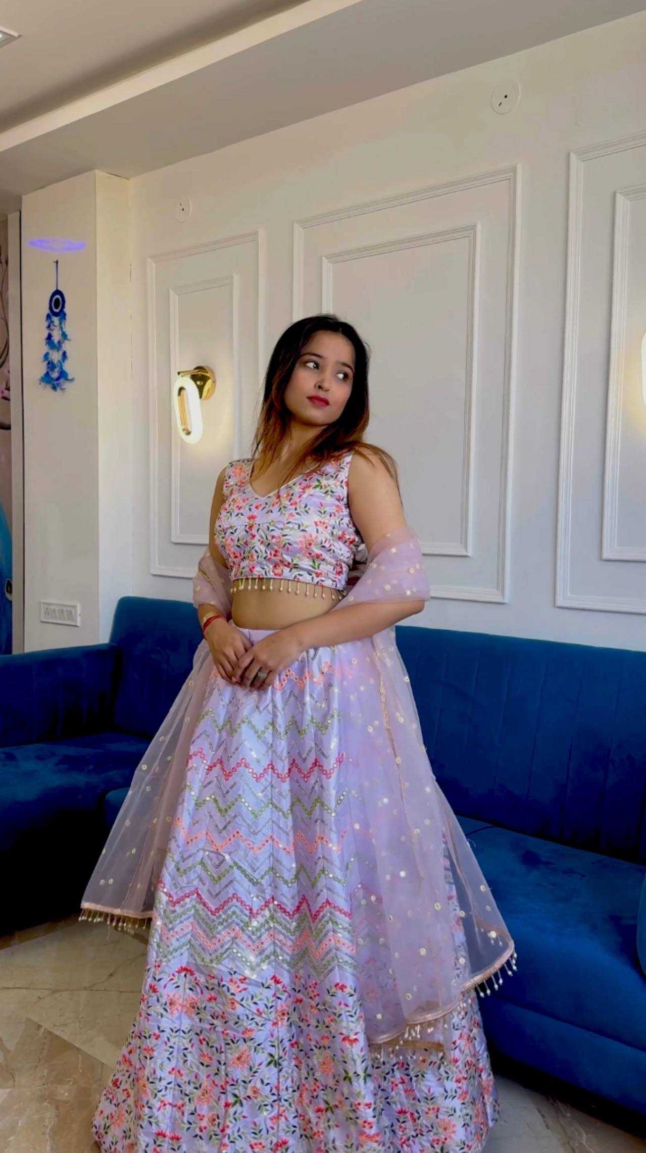 Satin Silk  Thread Work Sequins Lehenga