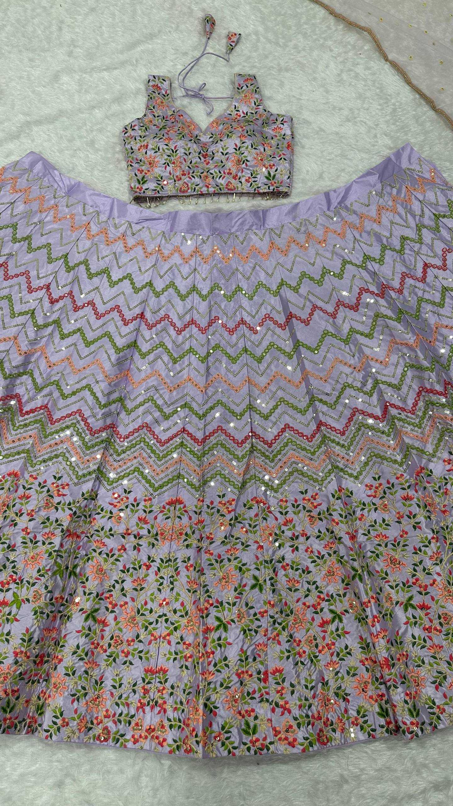 Satin Silk  Thread Work Sequins Lehenga