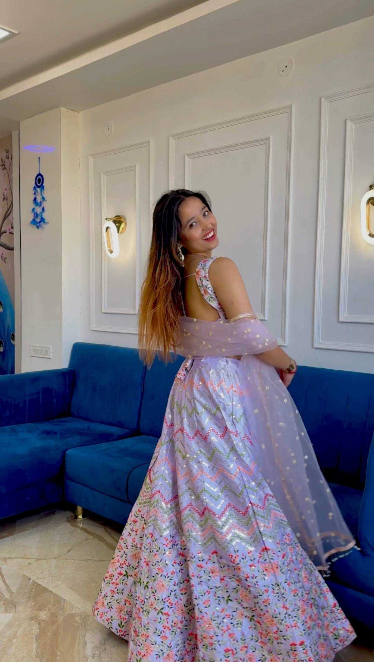 Satin Silk  Thread Work Sequins Lehenga