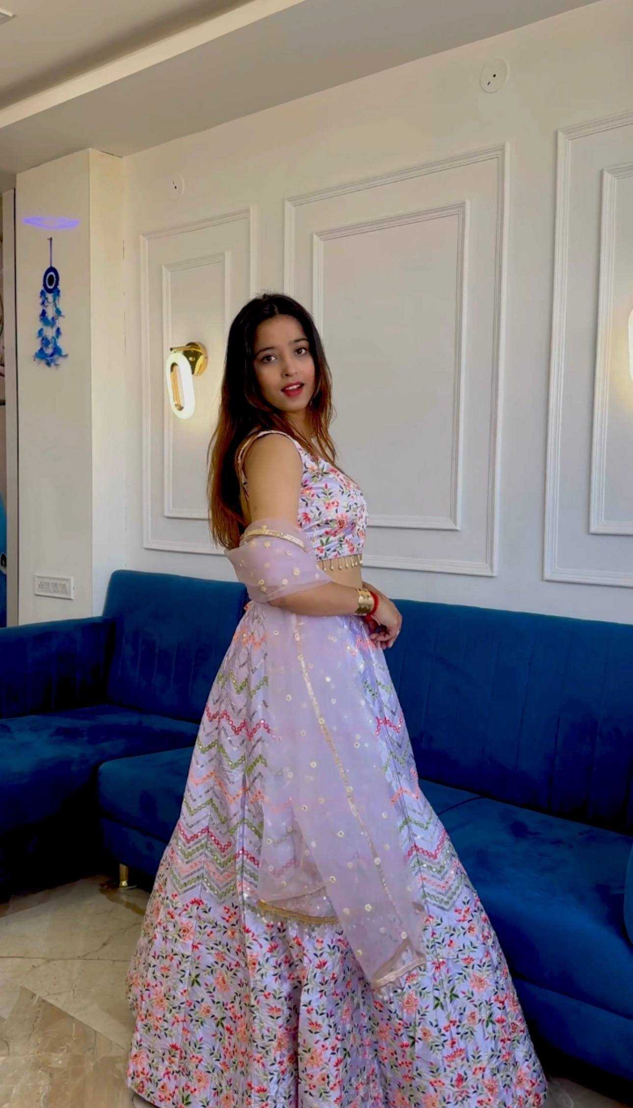 Satin Silk  Thread Work Sequins Lehenga