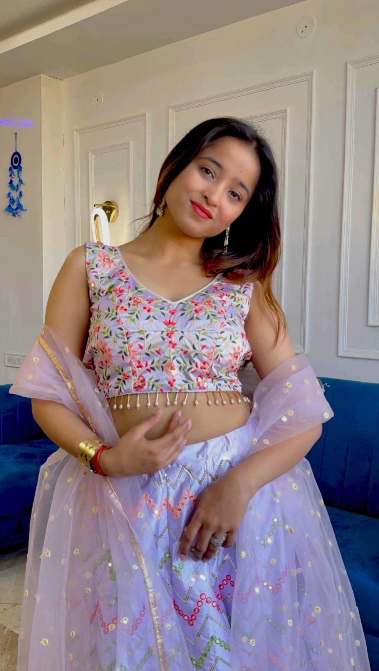 Satin Silk  Thread Work Sequins Lehenga