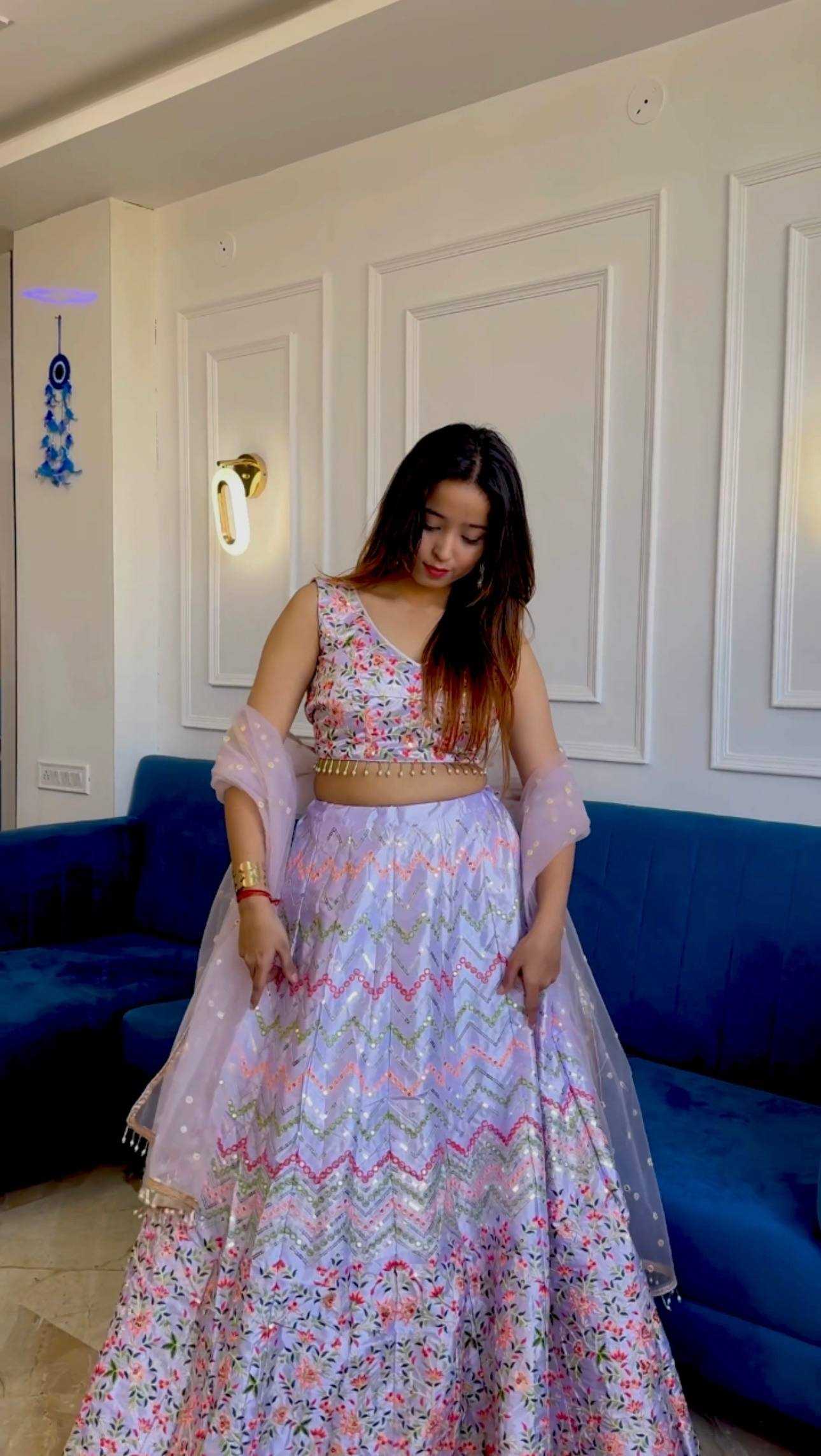 Satin Silk  Thread Work Sequins Lehenga