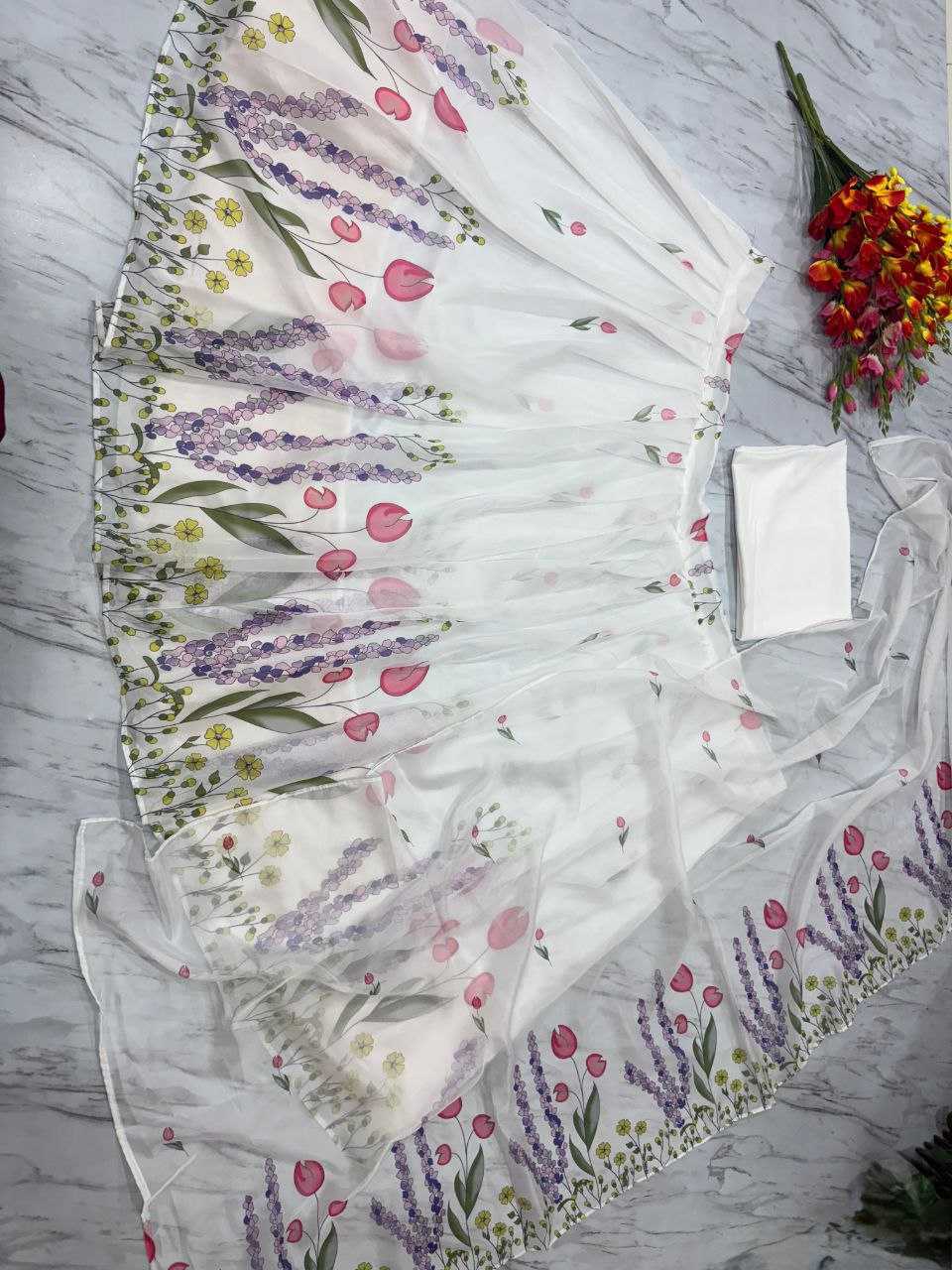 Silk Printed White Lehenga