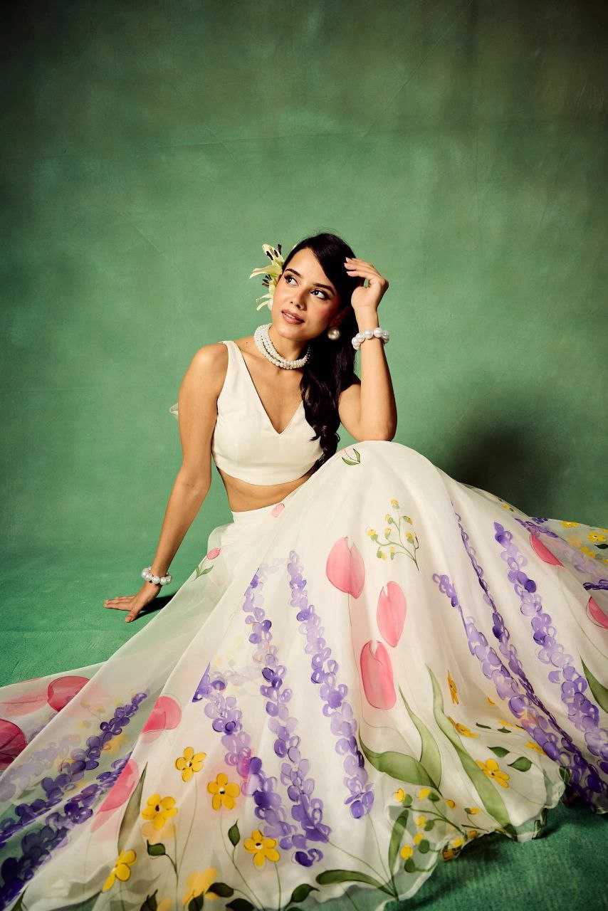 Silk Printed White Lehenga