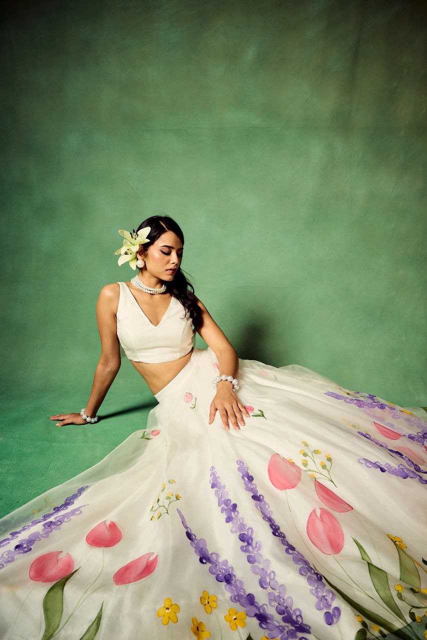 Silk Printed White Lehenga