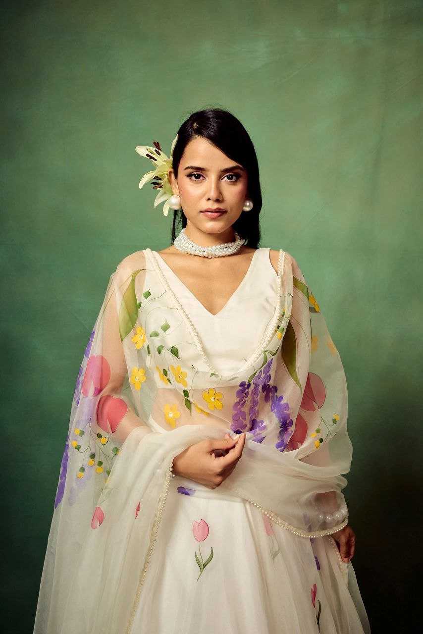 Silk Printed White Lehenga