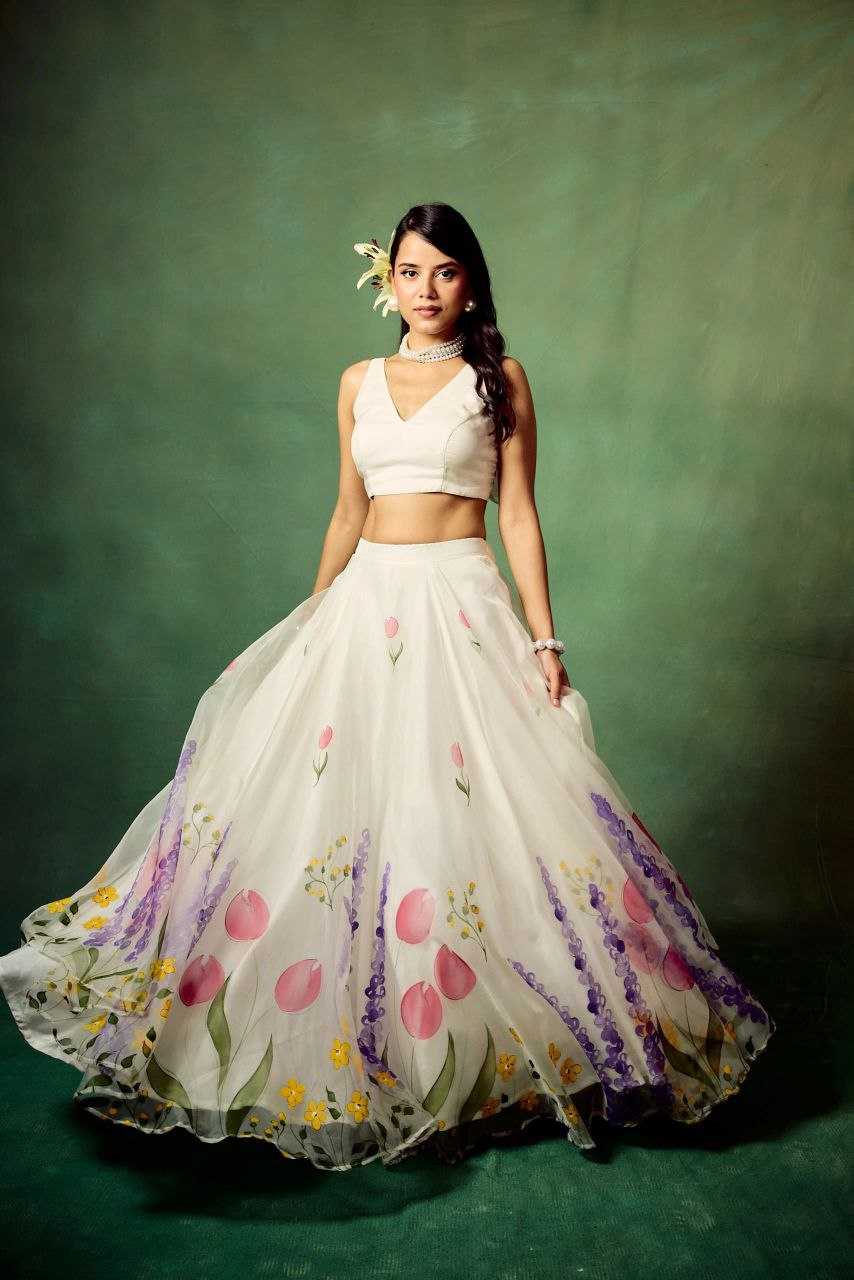 Silk Printed White Lehenga