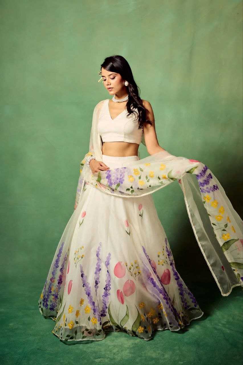 Silk Printed White Lehenga
