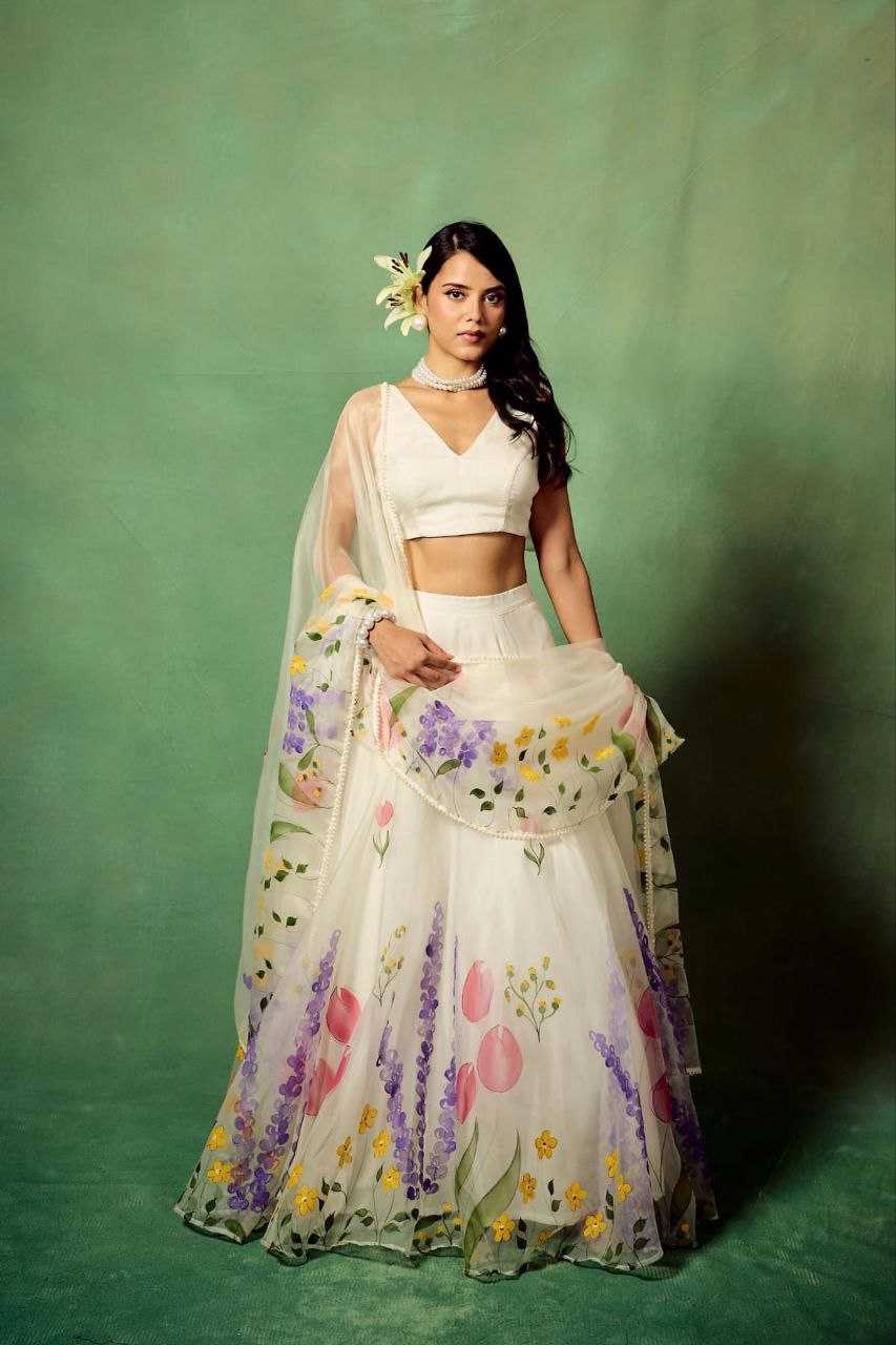 Silk Printed White Lehenga