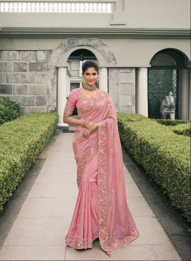 Woman wearing a pink saree with intricate designs in an outdoor setting.