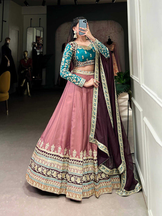 Moonga Silk Lehenga Sequins and Thread Embroidery Work