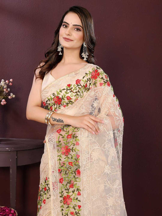 Soft Net  Work Embroidered Saree
