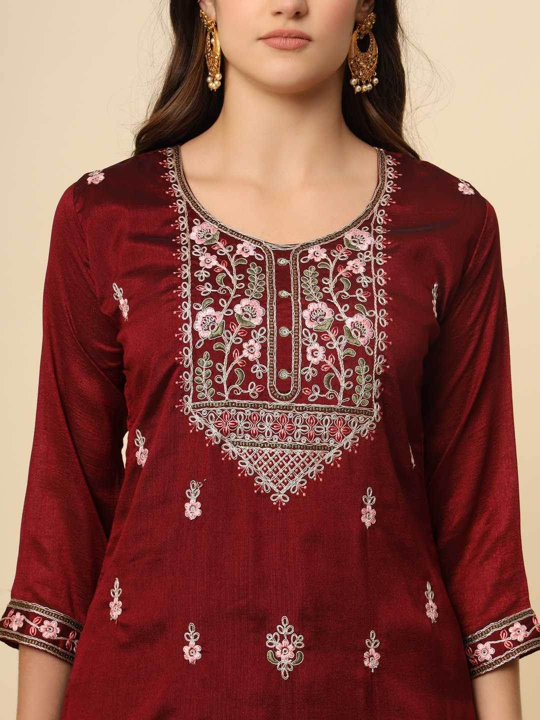 LADIES SILK EMBROIDERED LONG KURTI - MYLUXURY LANE ENTERPRISE